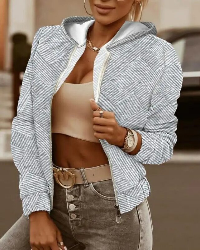 Hoodie for Women Autumn and Winter Long Sleeved Plain Short Jacket Zipper Design Hooded Textured Casual Coat Y2K Streetwear