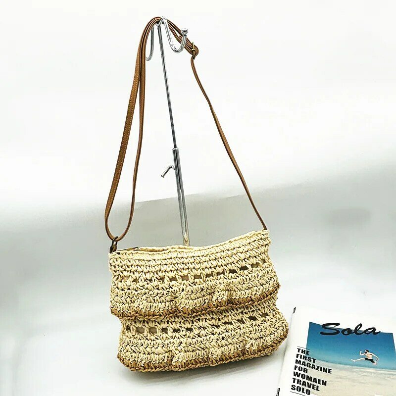 Musim panas lipatan tas pantai untuk wanita tas bahu anyaman berongga tali kertas tas selempang jerami perjalanan tas tangan rotan Tote