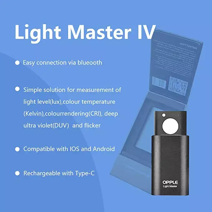 OPPLE-LED Lanterna com Bluetooth, IOS e Android Tester Tool, Light Master 4 Sensor de iluminação, CRI, Lux, DUV, Meter, R1-R14