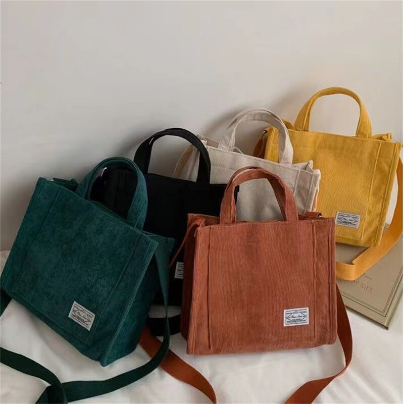 Women Corduroy Zipper Shoulder Bag Small Cotton Canvas Handbag Casual Tote Female Eco Crossbody Bag Vintage Messenger Bags 2023