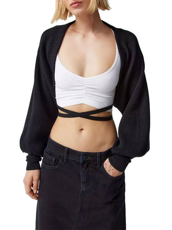 Женский укороченный пуловер-болеро с длинным рукавом и завязкой спереди