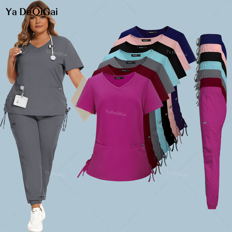 Stretch oversize Scrub uniforme medica donna Set Top chirurgico pantaloni abbigliamento da lavoro dentale abbigliamento da infermiera accessori per cliniche