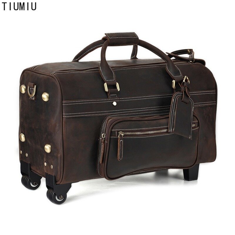 Business Trips Leather Trolley Luggage Vintage Top Layer Cowhide Large Capacity Luggage with Wheels 롤러 박스