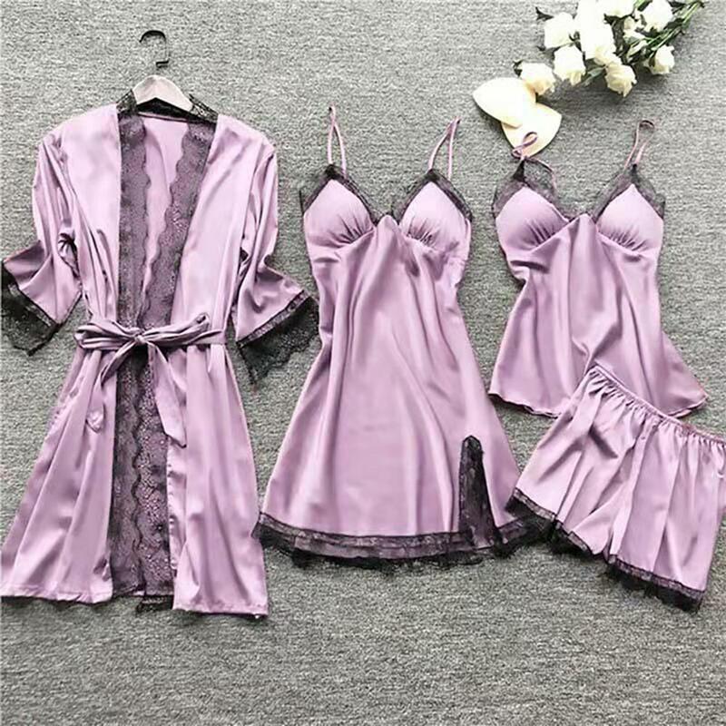 Conjunto de pijama de renda sedoso para mulheres, top de espaguete, cardigã plissado, shorts combinando, roupas femininas Homewear