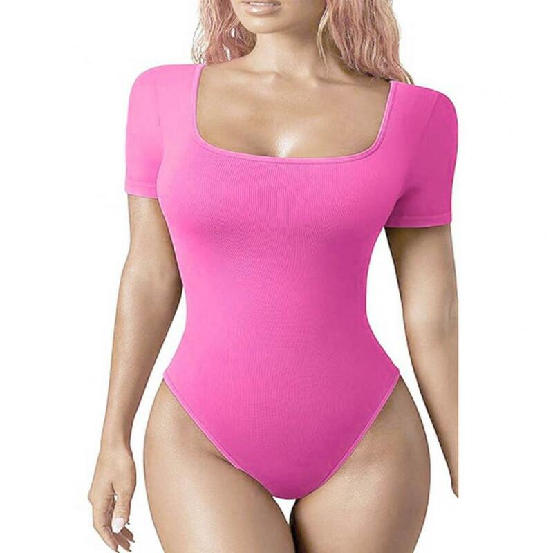 Frauen einfarbiger Spiel anzug hohe Elastizität Frauen Sommer Body mit Bauch kontrolle Skinny Fit Vierkant hals kurze Ärmel