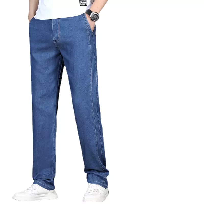 Summer Ice Silk Jeans Men Thin Vertical Pants Big Size New Loose Straight Leg Lyesel Pants