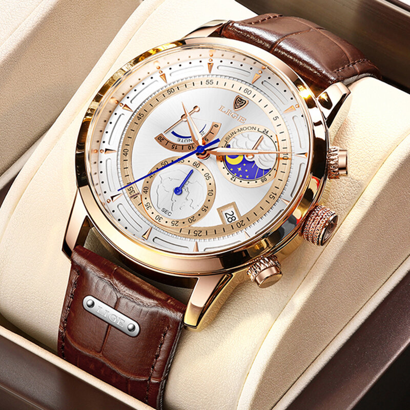 LIGE Große Zifferblatt Leder Armee Herren Uhren Luxus Sport Wasserdichte Uhr Mann Chronograph Quarz Armbanduhren Montre Homme + Box