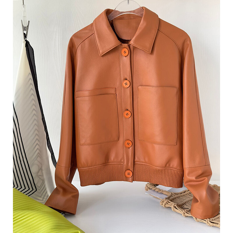 여성용 캐주얼 라펠 싱글 브레스트 포켓 숏 슬림 가죽 재킷, 핑크 가죽 재킷, 천연 양가죽 코트, 야구 유니폼, 용수철 가을