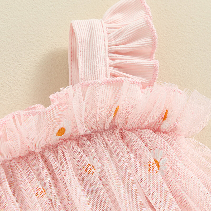 Baby Girl Mesh Romper Dress Cute Daisy Embroidery Square Neck Fly Sleeve Frill Trim Jumpsuit Infant Toddler Girl Summer Clothes