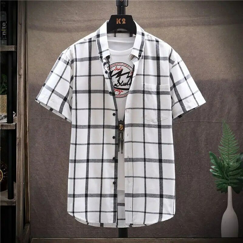 Fashion Printed Lapel Spliced Pockets Plaid Shirts Men's Clothing 2023 Summer New Oversized Casual Tops Loose Short Sleeve Shirt