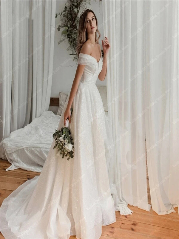 Vestidos de casamento marfim fora do ombro para mulheres, vestido puff a-line, vestido de noiva, elegante, design brilhante, bainha, novo, 2021, Novia