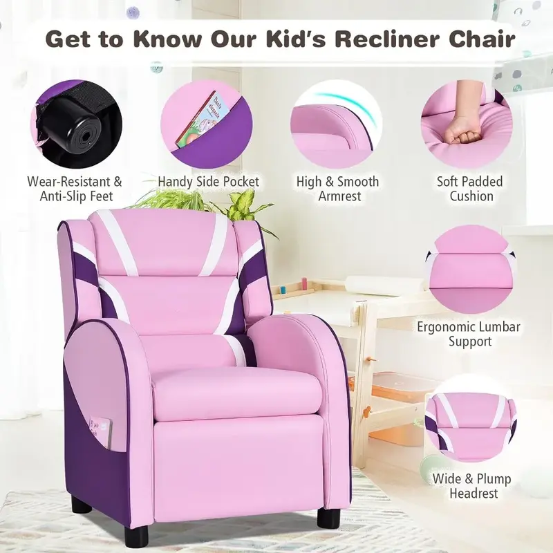 Canapé avec pouf pour enfants, accoudoirs, appui-tête et support lombaire, fauteuil réglable pour tout-petits, garçons et filles, rose