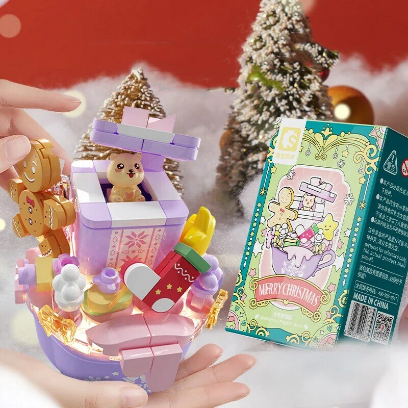 Christmas Series Building Blocks Set With Light Creative Christmas Tree Snowman Cake Diy Bricks Toys For Kids Xmas Gift
