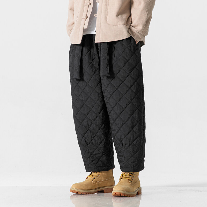 Calça masculina acolchoada de algodão espessa, calça casual quente estilo chinês, moletom com cordão, inverno 2023