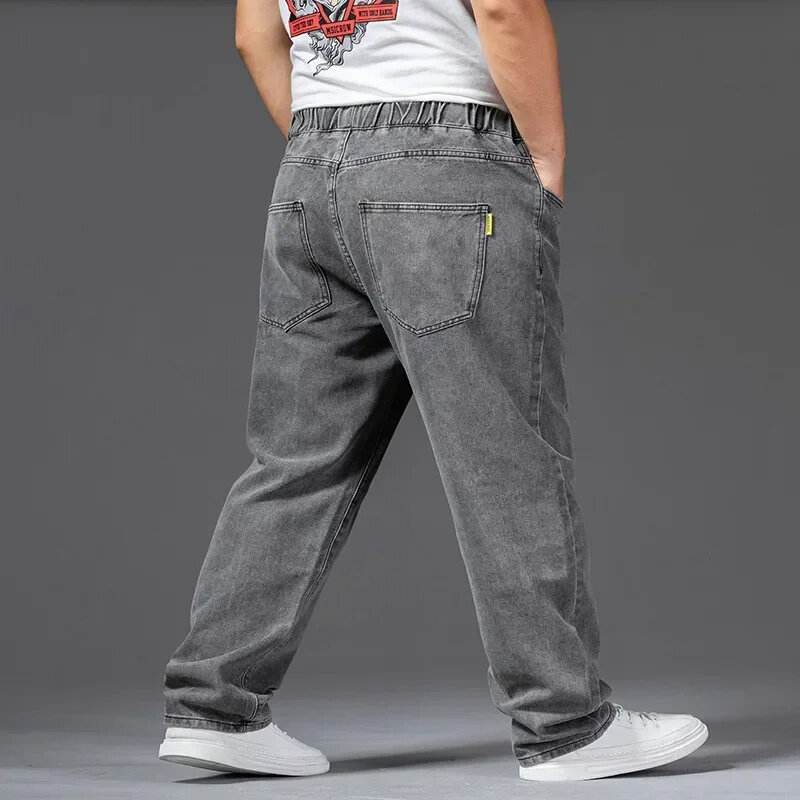 جينز سميك واسع الفخذ للرجال ، بنطلون جينز رمادي ممتد ، بنطلون مستقيم للذكور مرن ، خصر كبير ، مقاس كبير ، من الأرجل ، 42 46 ، الخريف