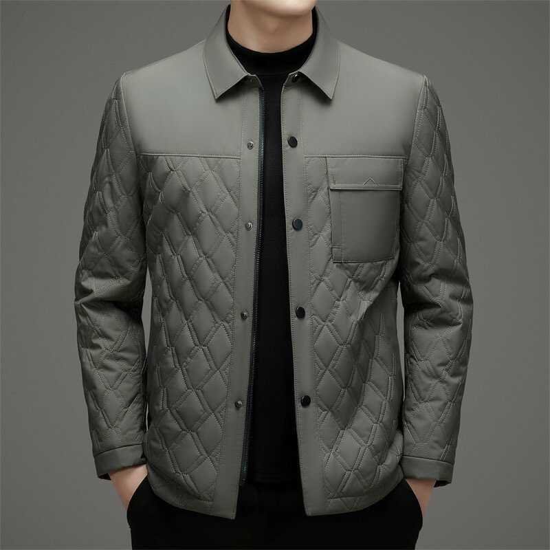 เสื้อแจ็คเก็ต2024คอปกของผู้ชายสีขาวอ่อน, เสื้อดาวน์ลำลองสำหรับนักธุรกิจชายในฤดูหนาว