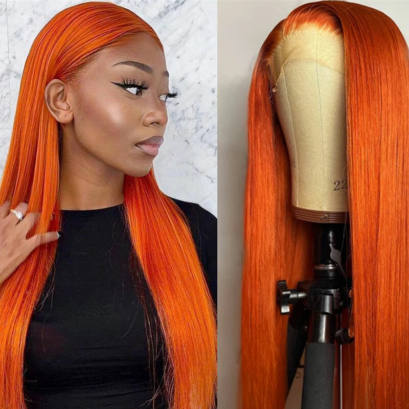 Wig jahe oranye kualitas tinggi sintetis lurus 13X4 renda depan tanpa lem rambut serat tahan panas untuk Cosplay Wanita Mode