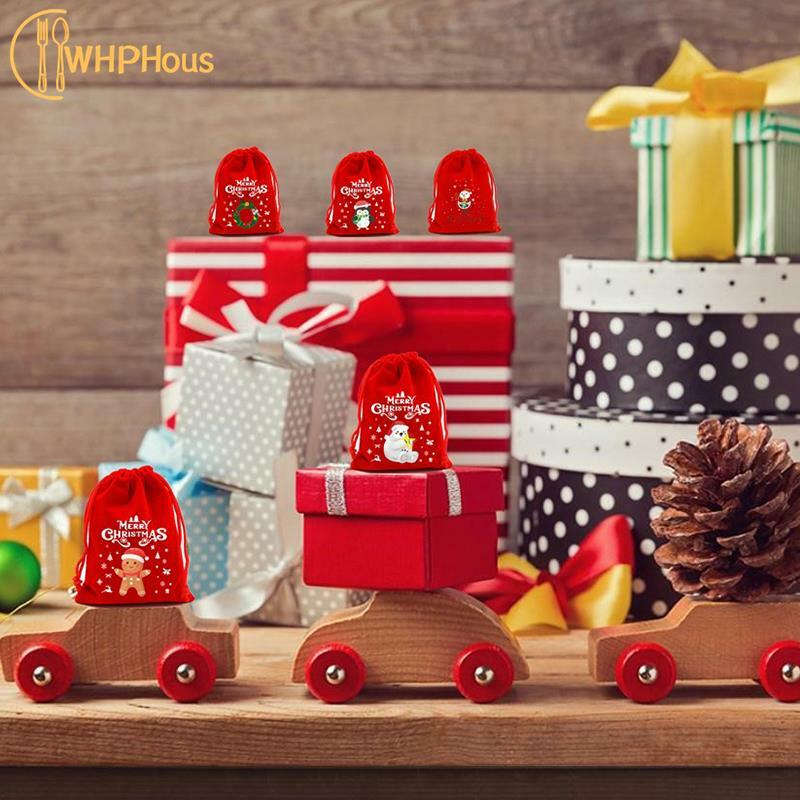 Feliz Natal Red Lint Candy Bag com cordão, embalagem de presente malote, decoração de Natal, ano novo Favor Suprimentos
