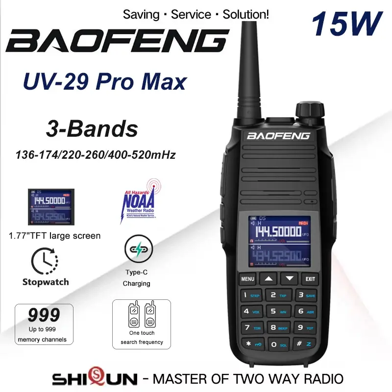 Baofeng-UV-29 Pro Max Walkie Talkie, Carregamento Tipo-C, Rádio FM, NOAA 999 Canal, Dois Sentidos, Longo Alcance, DTMF, 220-260MHz, Alta Potência