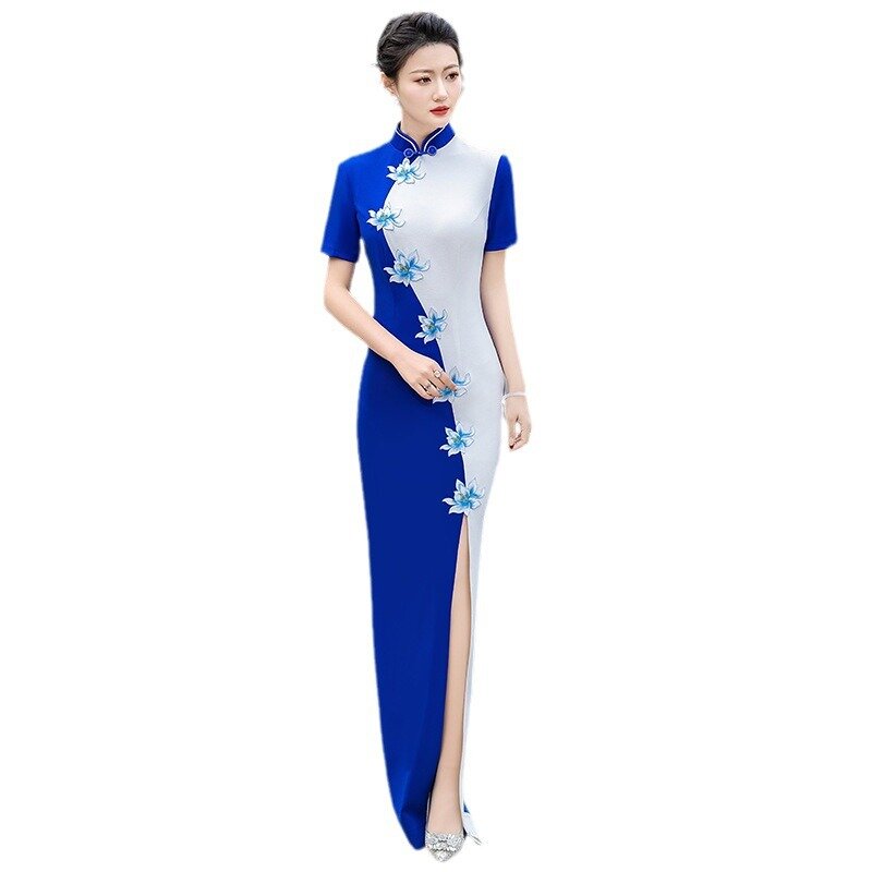 Vestido de fiesta Formal chino Floral para mujer, Vestido de satén con abertura alta, Qipao con cuello mandarín, Sexy, Cheongsam de gran tamaño, 5XL, Grace