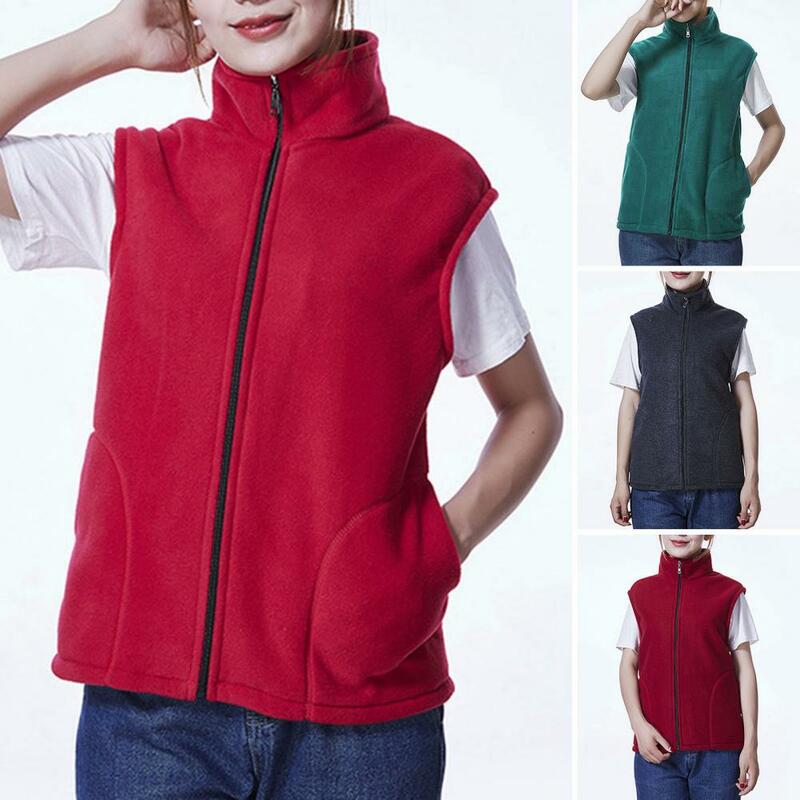 Fall Women Vest Pure Color Stand Collar Neck Protection Mid-aged Mother Waistcoat Thick Plush Zipper Closure Pockets Vest Coat
