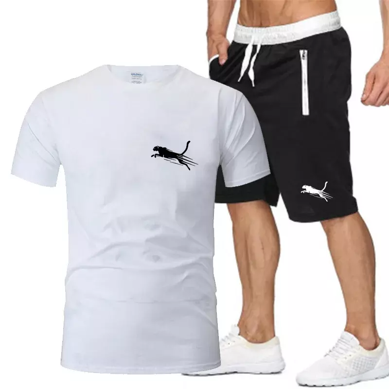 2024 Fashion Pure Cotton Printed New Men's Round Neck T-shirt Summer Breathable Sports Casual Shorts 2-piece Set