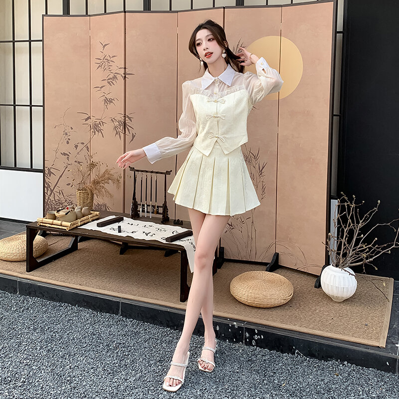 UNXX 중국 스타일 전국 바람 세트 여성 셔츠 플리츠 스커트 투피스 세트, 하이엔드 레트로 시크 스타일, 2024 용수철 패션, 신상