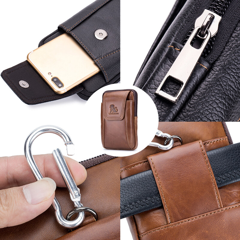 1pc Genuine Leather Mobile Phone Bag Men's Cowhide Waist Bag Wearable Belt Can Be Hooked Business Commuting Durable Wear-resista