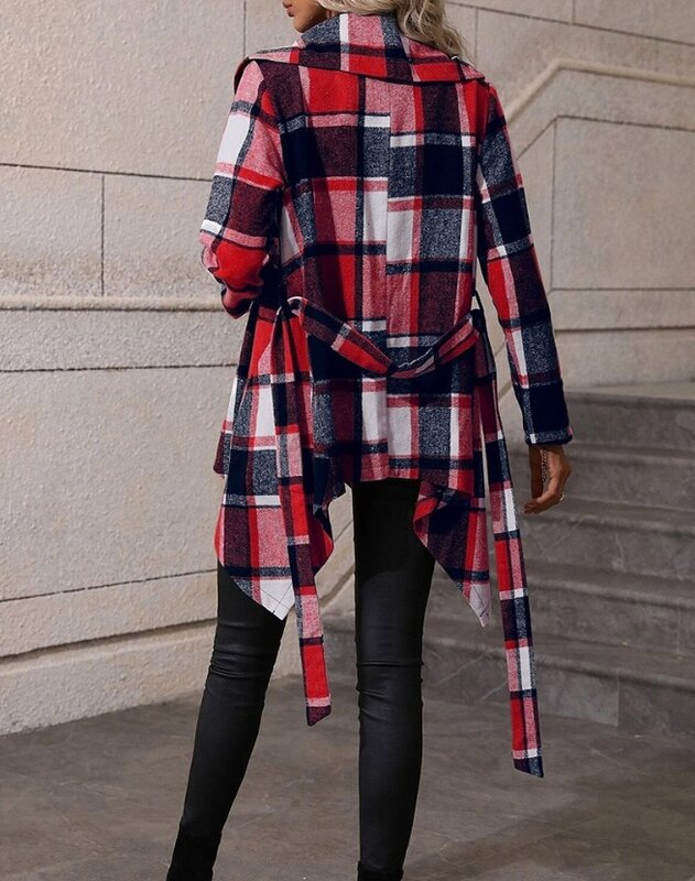 Casaco de lã assimétrico feminino, manga comprida, padrão xadrez, detalhe amarrado, sobretudo de cintura fina, streetwear Y2K, outono, inverno, 2023