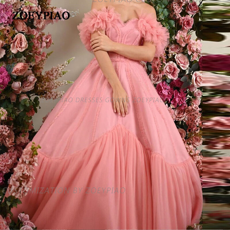 Gaun pesta malam bahu terbuka gaun malam A-Line gaun Prom Ruched Tulle merah muda Vestido De Fiesta Saudi Arabia buatan khusus