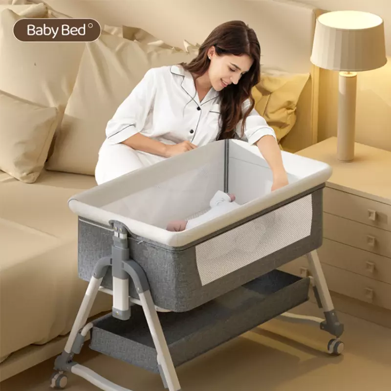 Portable and Movable Baby Crib Foldable and Adjustable Height Splicing Large Bed Modern and Simple Baby Cradle Bed