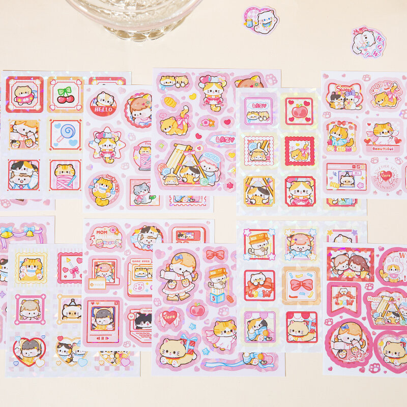 Qiqi Sweetheart Cat series, decoración creativa retro, pegatinas de papel de arte DIY, 4 paquetes por lote