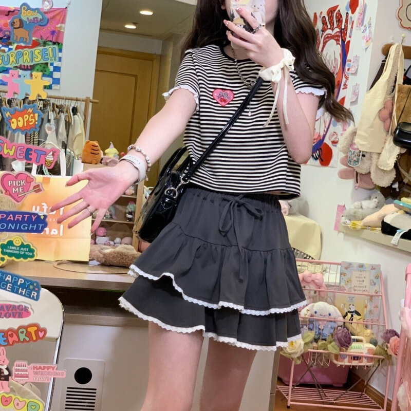 Deeptown-minifalda de estilo japonés con volantes para mujer, Falda corta de encaje, color gris liso, Kawaii, informal, combina con todo