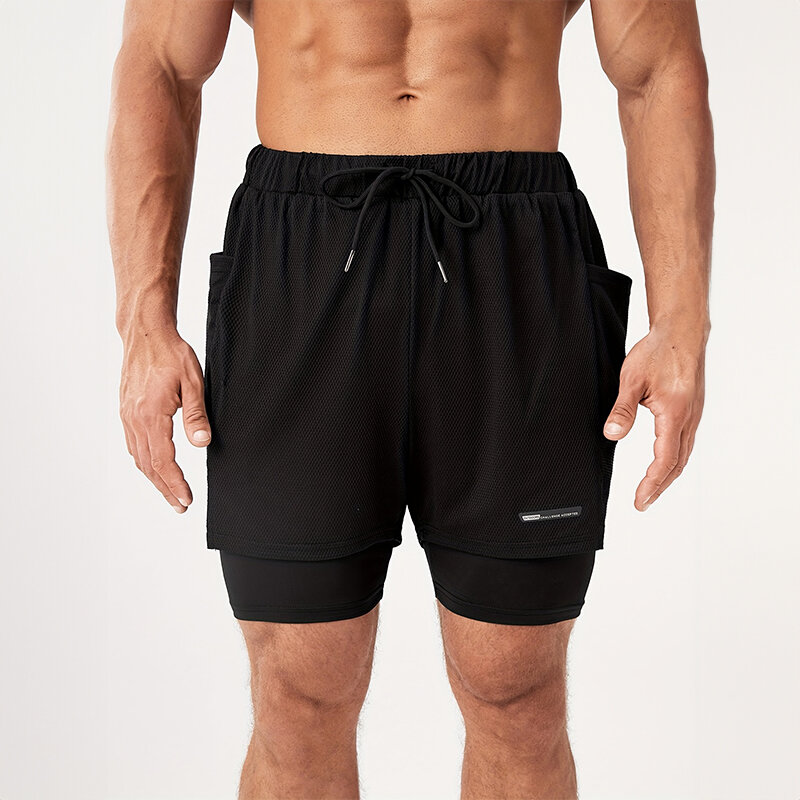 Pantalones cortos para correr para hombre, pantalón de chándal informal, de secado rápido, 2 en 1, holgado, para entrenamiento deportivo al aire libre