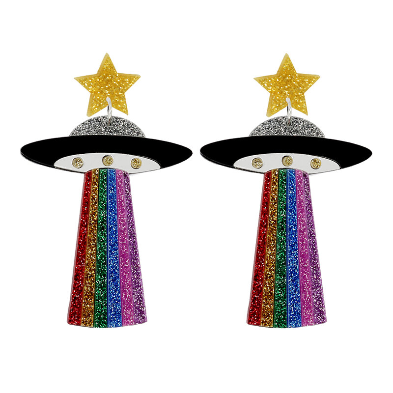 여성용 귀걸이 UFO 아크릴 우주 비행사 스타 번개 고양이 귀여운 힙합 과장 특별 창의력 쥬얼리 레인보우