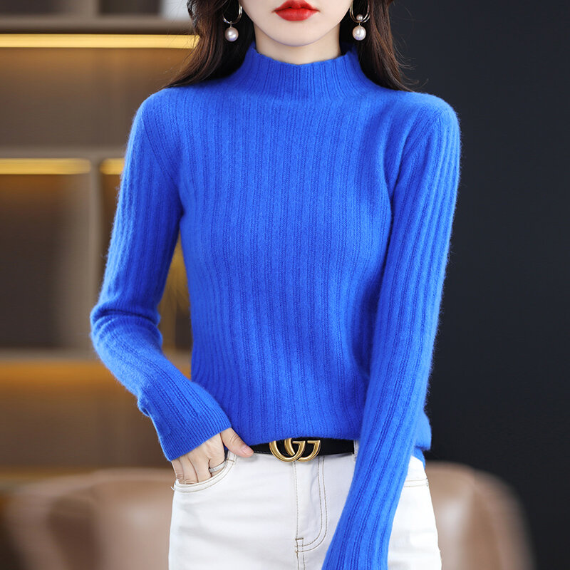 New Autumn And Winter Half-Turtleneck Sweater Women's 100% Pure Wool Pullover Pit Strip Backing Knitted Wool Sweater