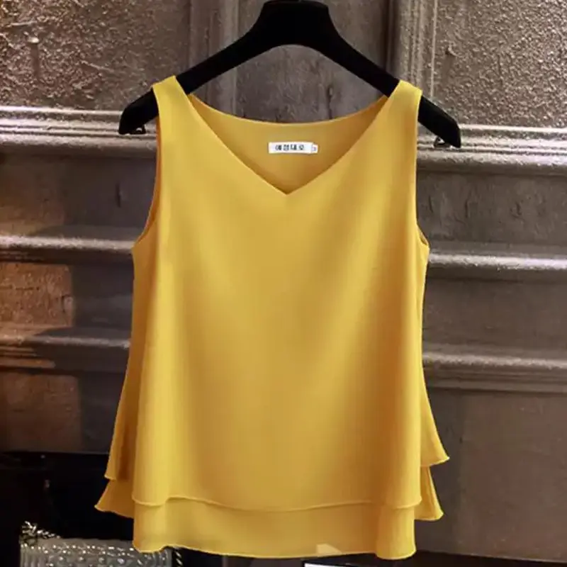 2022 New Fashion Blouse Women Summer Sleeveless Chiffon Blouse Solid V-neck Casual Oversized 5XL Loose Womens Tops and Blouses