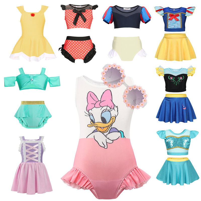 Disney Minnie Mouse Bikini para meninas, moda praia de férias, sereia Ariel, Rapunzel, princesa maiô, 1 peça, 2 peças, verão, 2022