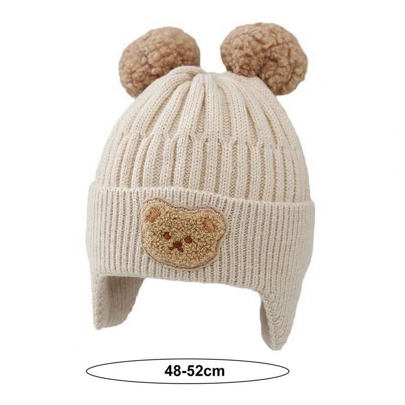 Children Winter Hat Ear Protection Cartoon Bear Plush Ball Knitted Hat Thick Warm Soft Unisex Baby Beanie Cartoon