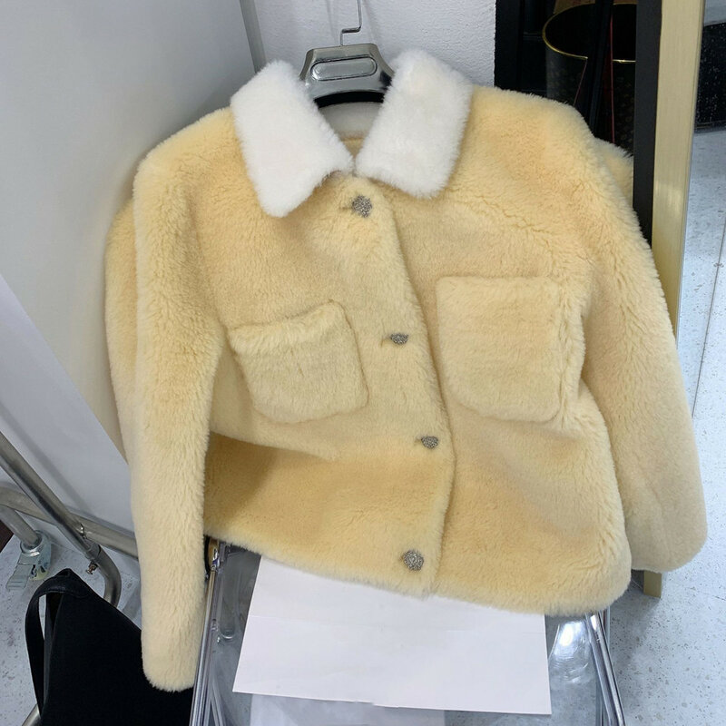2022 outono inverno chique mulheres de alta qualidade lã pele couro bolsos jaquetas casaco f032