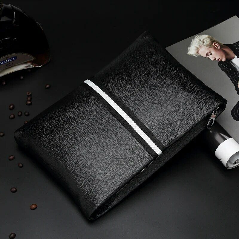 SENOFAN tas tangan asli untuk pria, dompet tangan kulit sapi asli motif garis-garis, tas amplop desainer edisi Korea populer untuk pria