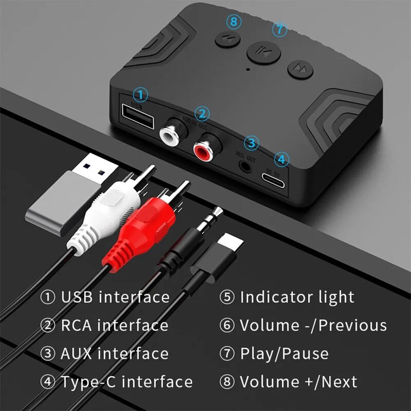 Bluetooth 5,3 Audio empfänger 3,5mm Aux RCA USB U-Disk Stereo Musik Wireless Audio Adapter für PC TV Auto Kit Lautsprecher verstärker