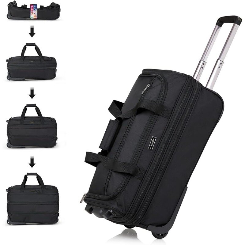 Koper bagasi dengan roda dapat dilipat tas Duffle untuk perjalanan membawa pada koper akhir pekan tas untuk wanita pria tas pakaian. (hitam)