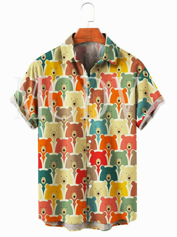 Гавайская рубашка для мужчин и женщин Bear, Повседневная дышащая гавайская рубашка с 3D принтом, гавайская рубашка с короткими рукавами