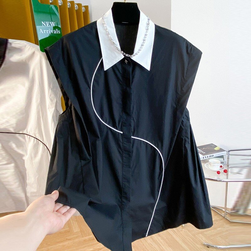 여성용 캐주얼 셔츠, 턴다운 칼라 기본, 루즈한 여성 민소매 코튼 상의 셔츠, B3700, 한국 스타일, 2024, 여름 신상