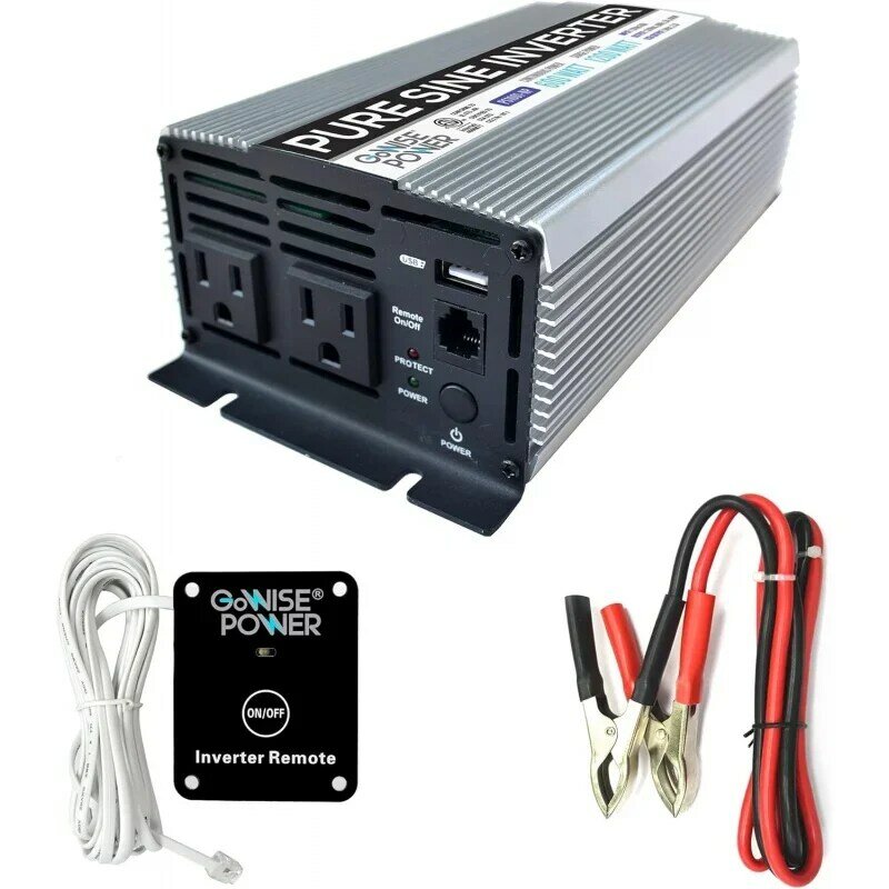 GoWise Power-Inversor de Onda Senoidal Pura, 600W, 12V DC para 115V, Tomadas AC, 1 Porta USB 5V, 2 Cabos Clamp, Pico 1200W, PS AC