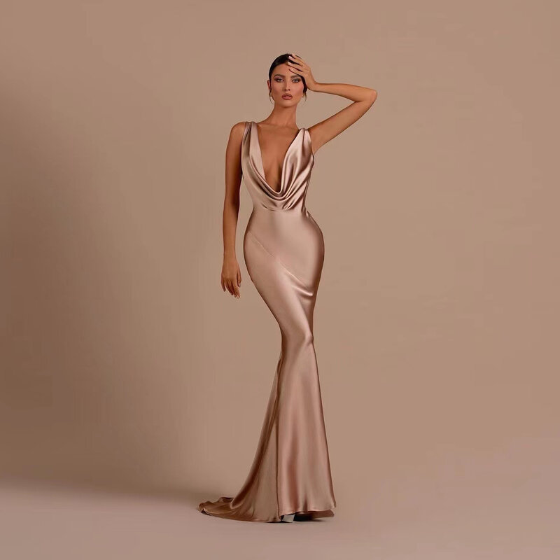 Gaun malam warna permen mewah putri duyung wanita Deep V Neck seksi Backless gaun Prom Formal mode selebriti 2024 Vestidos