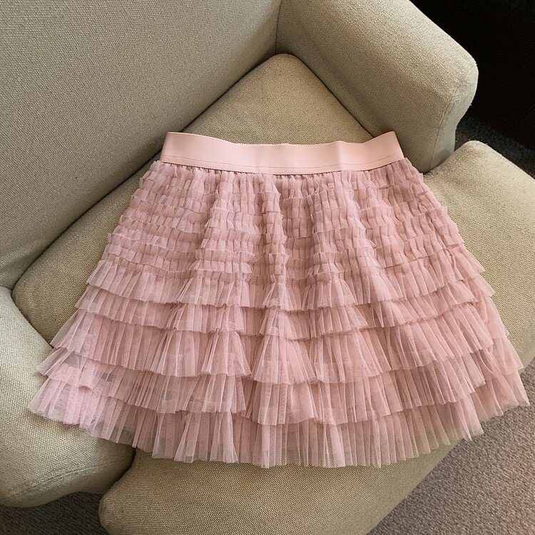 New 2024 Summer Tulle A-Line Cake Skirts Women Elastic High Waist Ruffles Short Skirt Korean Fashion Sweet Streetwear Skirts