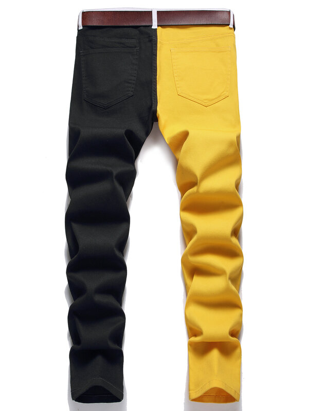 Jesienne nowe modne męskie Y2K czarne żółte patchworkowe dżinsy w stylu Vintage podarte szczupłe dżinsy męskie spodnie jeansowe Pantalon Homme