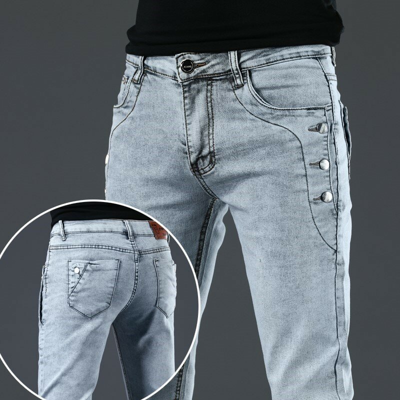 Celana Jeans Denim pria desain merek baru celana pria katun kasual celana panjang hitam abu-abu Dropship harian pas badan melar